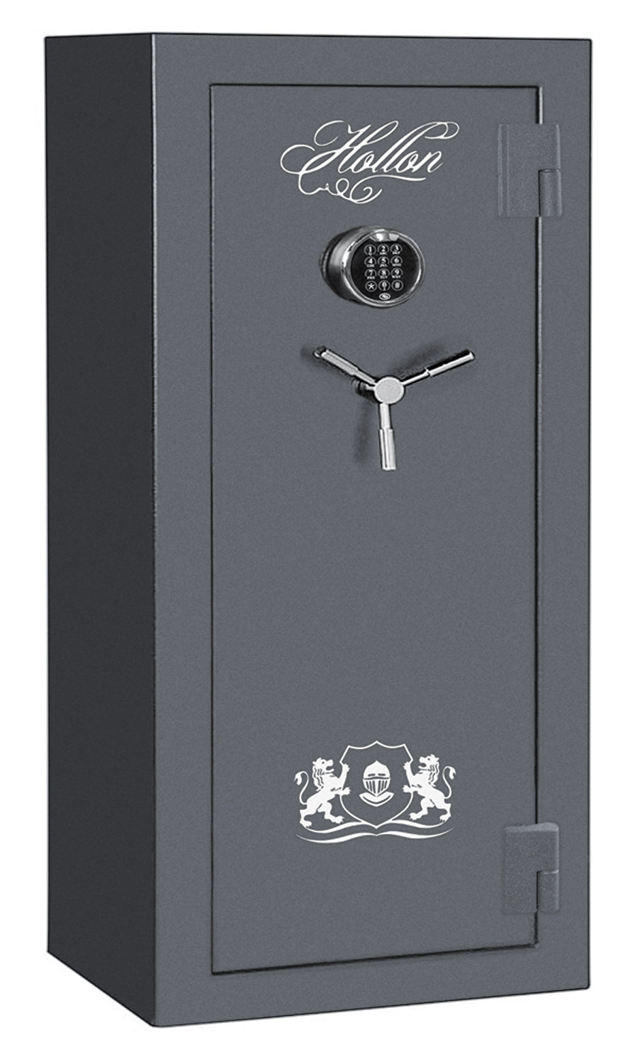Hollon CS-12E Crescent Shield 12 gun safe closed, Gun Metal Gray with S&G Spartan electronic keypad and chrome 3-spoke handle