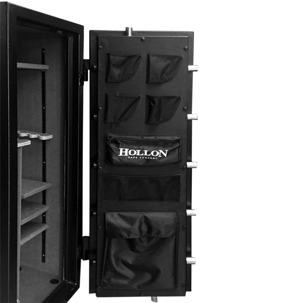 Hollon CS-12E Crescent Shield door pistol pockets, canvas organizer pouches, and visible chrome locking bolts