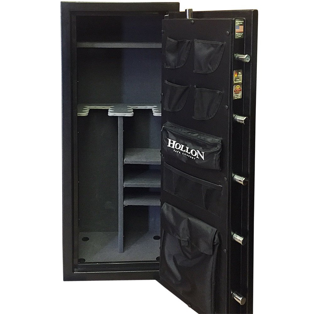 Hollon CS-12E Crescent Shield interior with 12 long gun barrel rests, adjustable shelves, and door-mounted pistol pockets