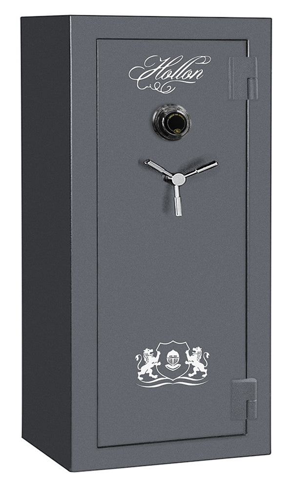 Hollon CS-12C Crescent Shield 12 gun safe closed, Gun Metal Gray with S&G Spyproof dial and chrome 3-spoke handle