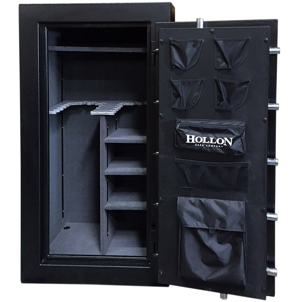 Hollon CS-24E Crescent Shield interior with 24 long gun barrel rests, adjustable shelves, and door-mounted pistol pockets