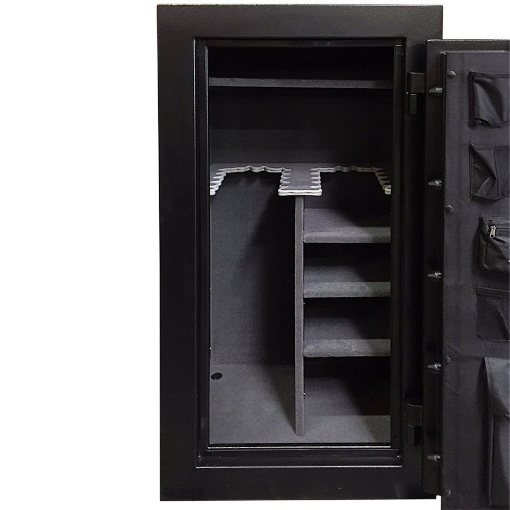 Hollon CS-24E Crescent Shield interior detail showing barrel rests, adjustable shelves, and visible chrome locking bolts