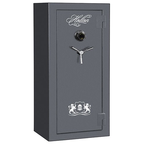 Hollon CS-24C Crescent Shield 24 gun safe closed, Gun Metal Gray with S&G Spyproof dial and chrome 3-spoke handle