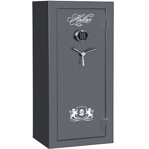 Hollon CS-24E Crescent Shield 24 gun safe closed, Gun Metal Gray with S&G Spartan electronic keypad and chrome 3-spoke handle
