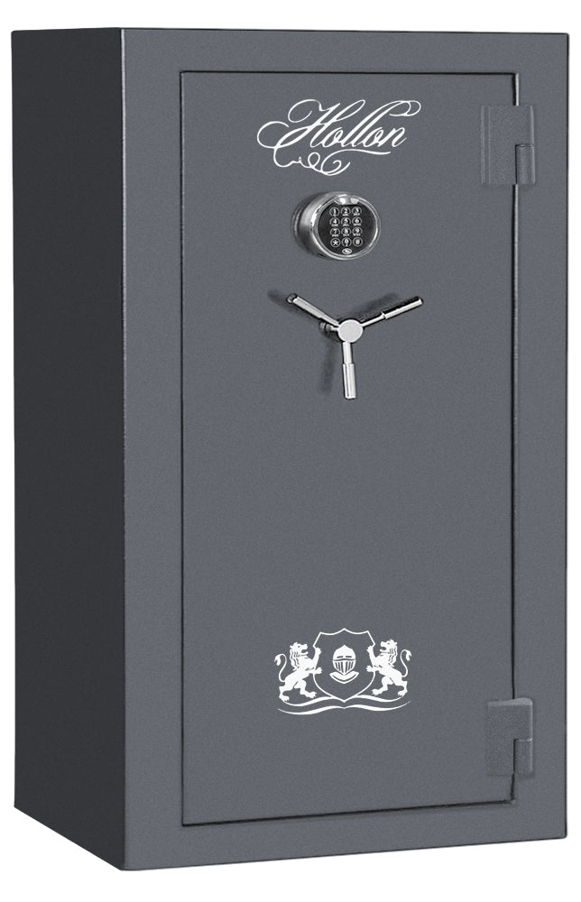 Hollon CS-36E Crescent Shield 36 gun safe closed, Gun Metal Gray with S&G Spartan electronic keypad and chrome 3-spoke handle
