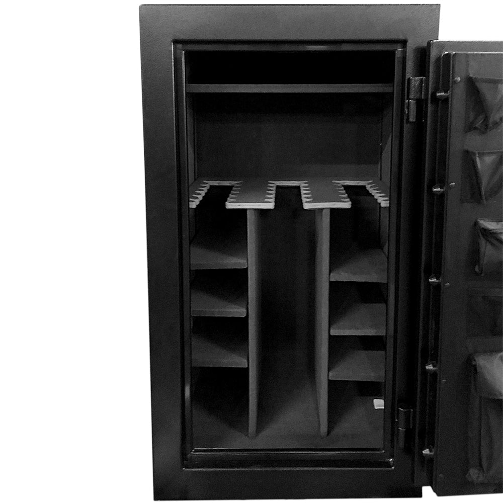 Hollon CS-36E Crescent Shield interior with 36 long gun barrel rests, adjustable shelving, and door pistol pockets