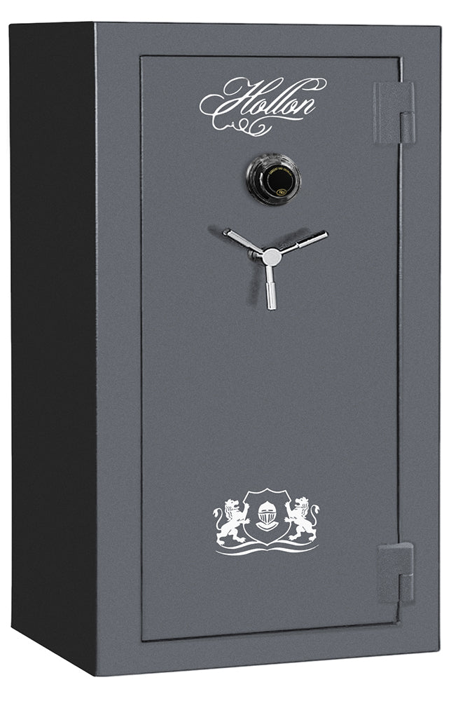 Hollon CS-36C Crescent Shield 36 gun safe closed, Gun Metal Gray with S&G Spyproof dial and chrome 3-spoke handle