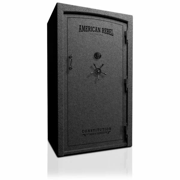 American Rebel CS50 Constitution 50 Gun Safe—front view in dark textured finish with American Rebel branding and Constitution logo