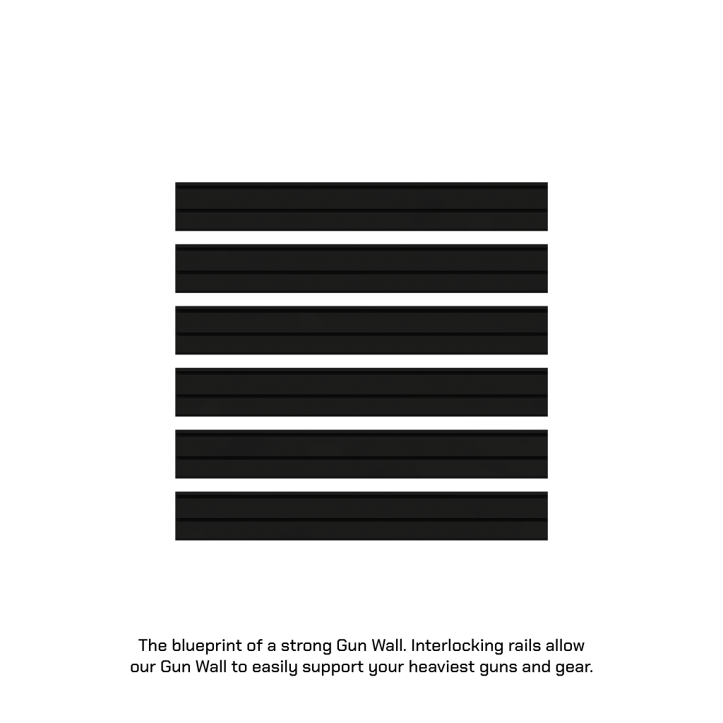 Black interlocking bars on a white background with text about a Gun Wall.