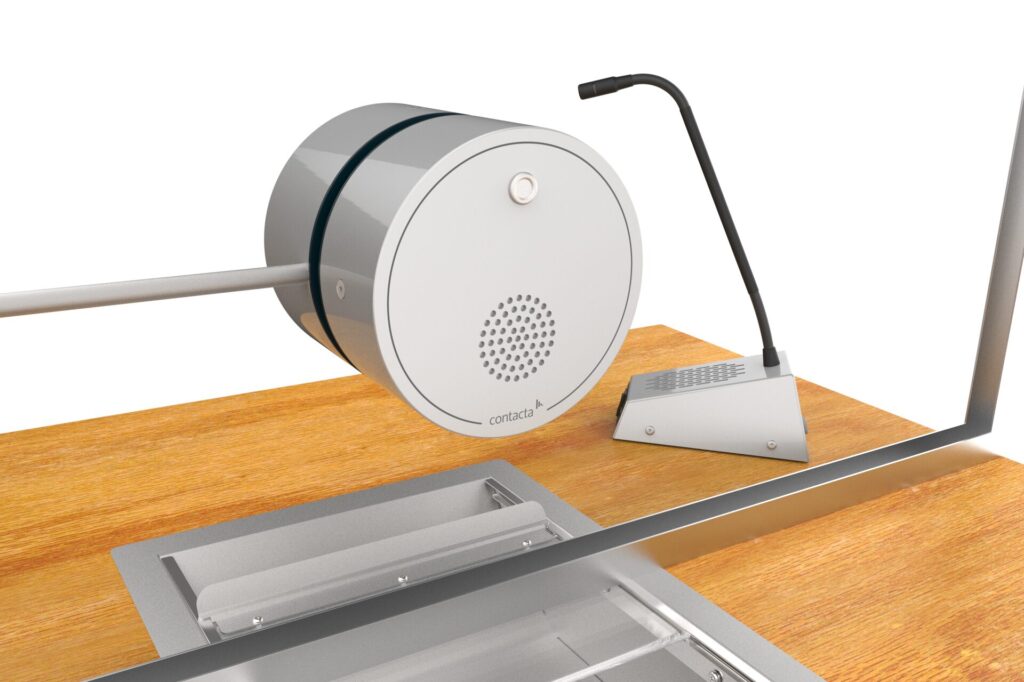 3D illustration of the STS-K021 with all-in-one puck mounted through security glass and gooseneck staff microphone behind