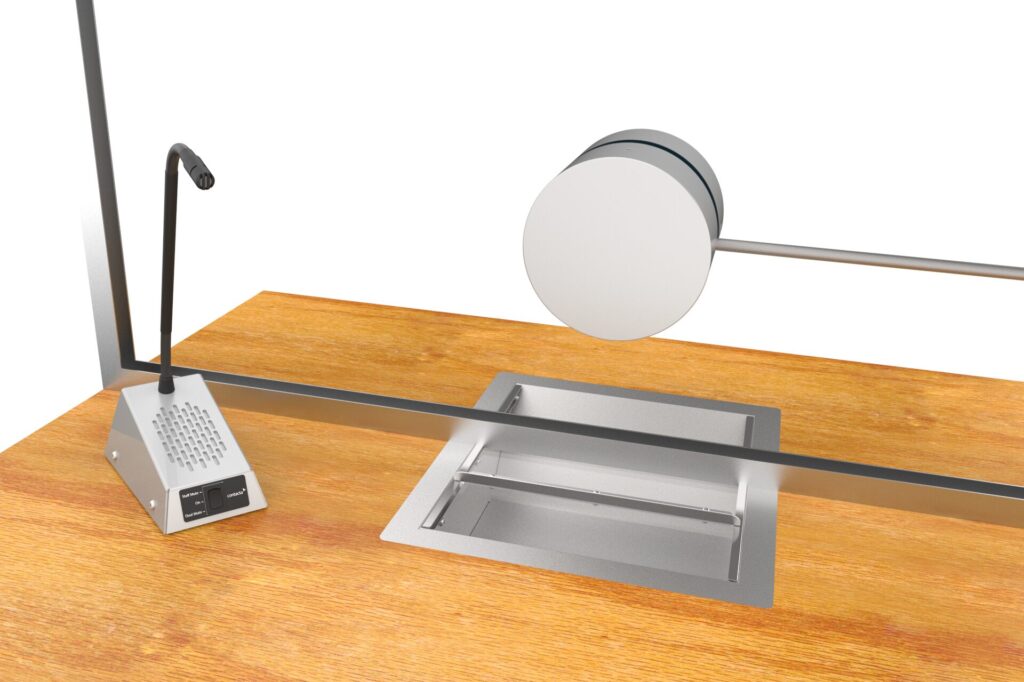3D illustration of the STS-K021 staff-side view with gooseneck microphone, security glass barrier, and cash tray pass-through