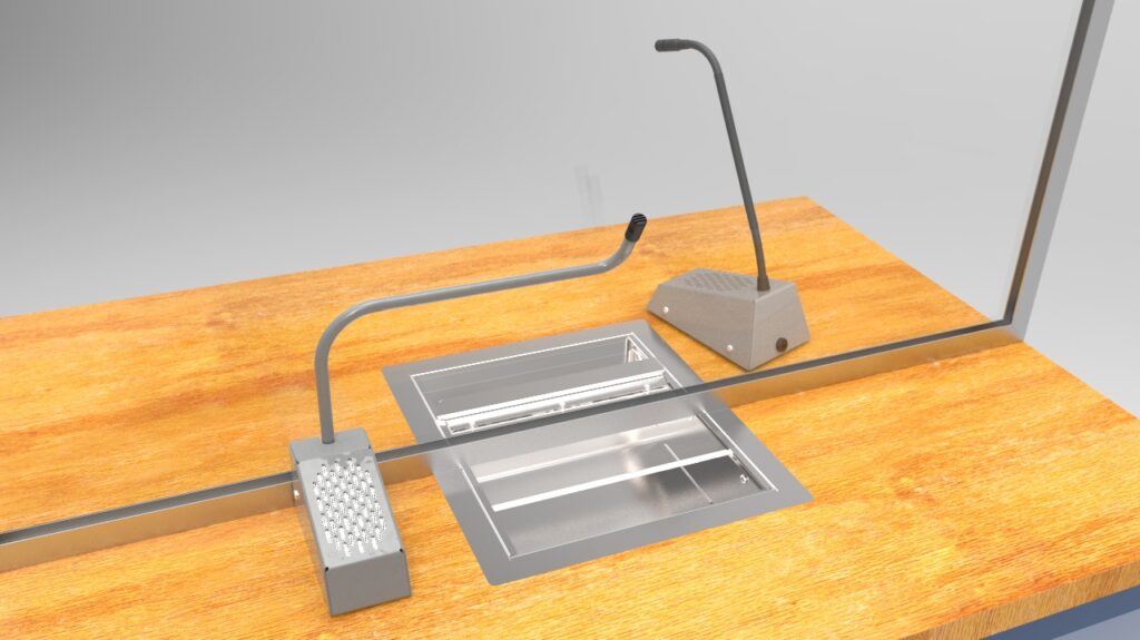 3D illustration of the STS-K035 setup with gooseneck staff microphone and half-bridge bar customer unit on a counter