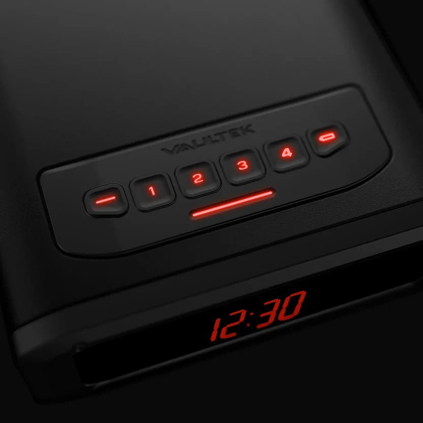 Vaultek DSE2i Smart Station Essential Biometric Handgun Safe Buttons Lit Up & Clock