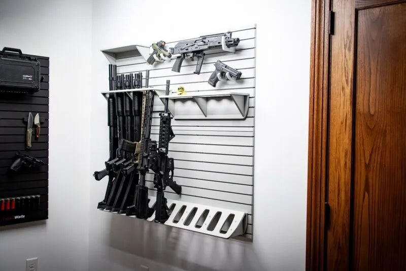 Tactical Walls ModWall Grey Vertical Six Rifle Rack Far Away Shot on ModWall Panel