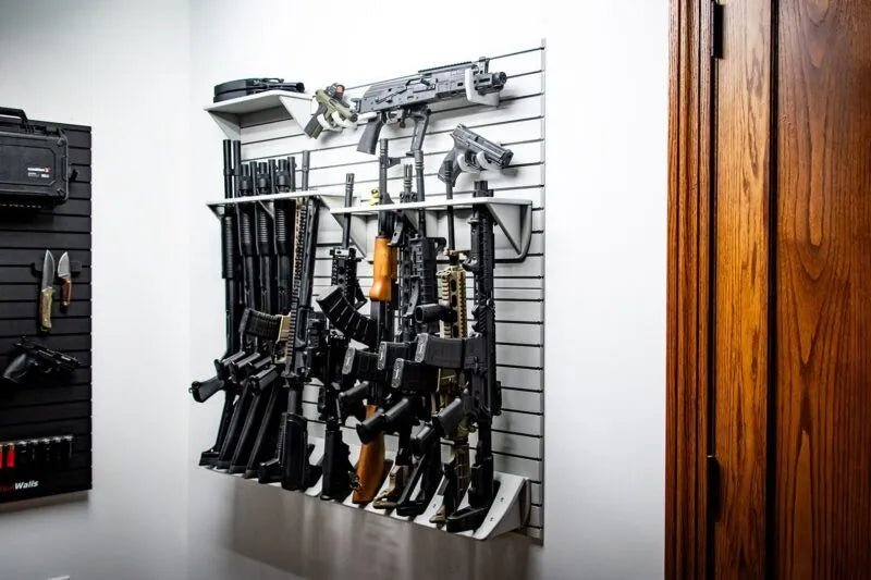 Tactical Walls ModWall Grey Vertical Six Rifle Rack Far Away Shot on ModWall Panel Full