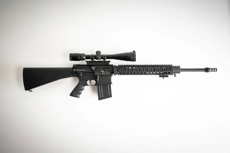 Black rifle with scope on a white background