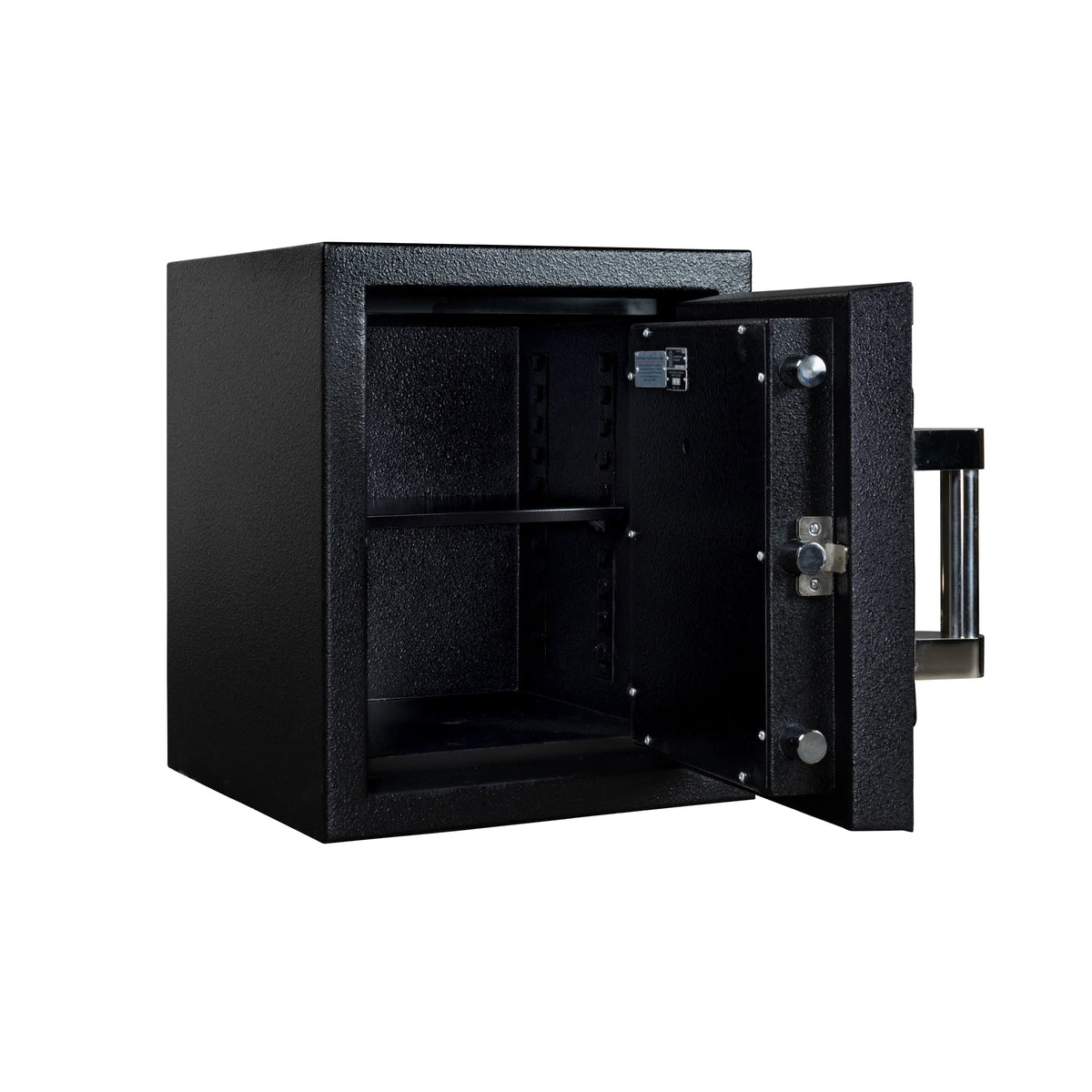 Stealth DeVault DV-1915 TL-30 safe open at an angle showing the adjustable interior shelf and door locking bolts