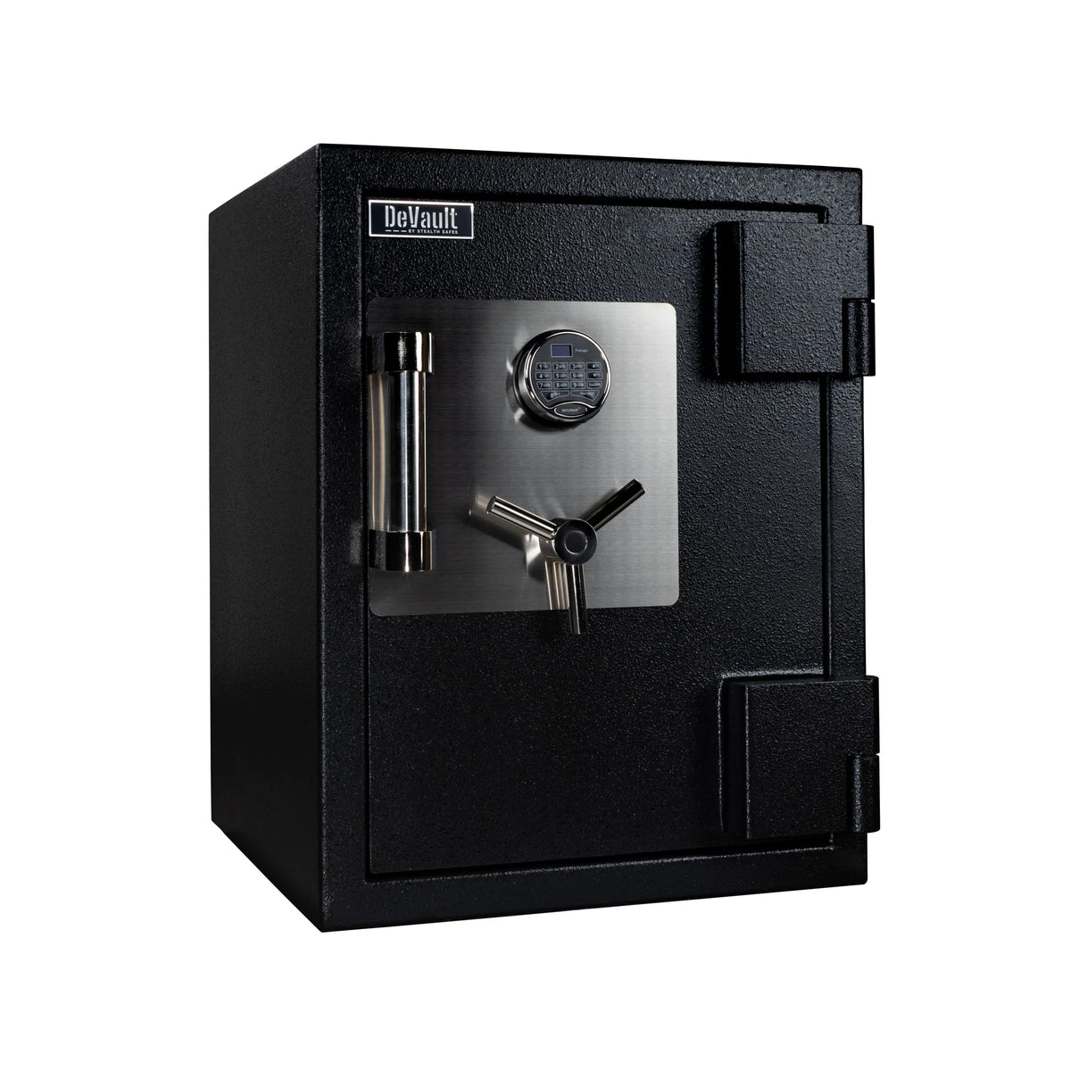 Angled view of the Stealth DeVault DV-2619 TL-30 safe in black finish with chrome 3-spoke handle and SecuRam electronic keypad