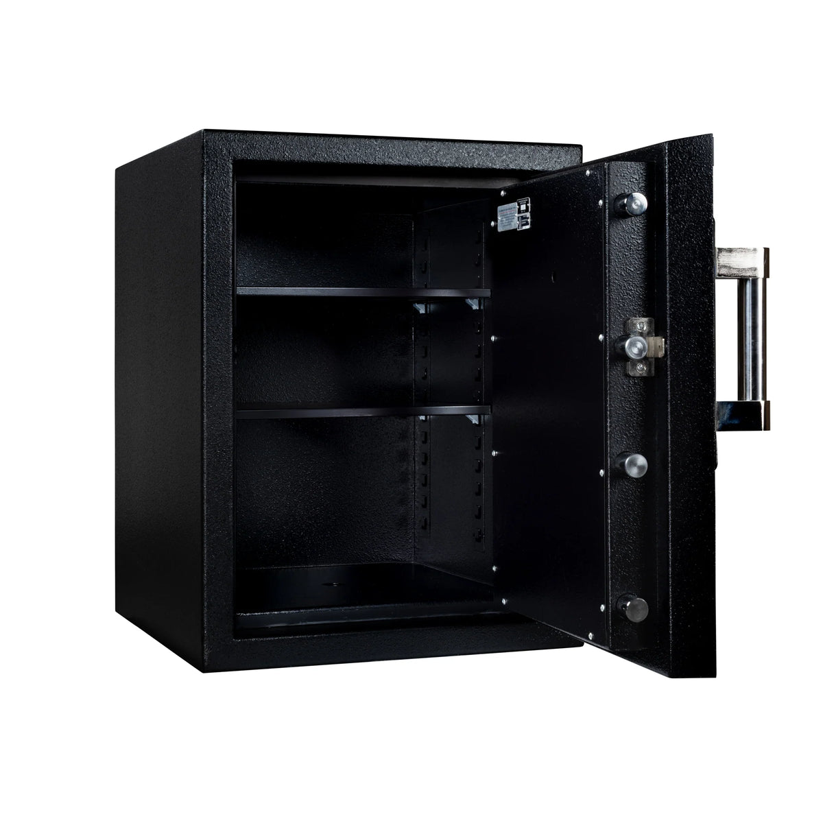 Stealth DeVault DV-2619 TL-30 safe open at an angle showing the adjustable interior shelf staged with jewelry and valuables