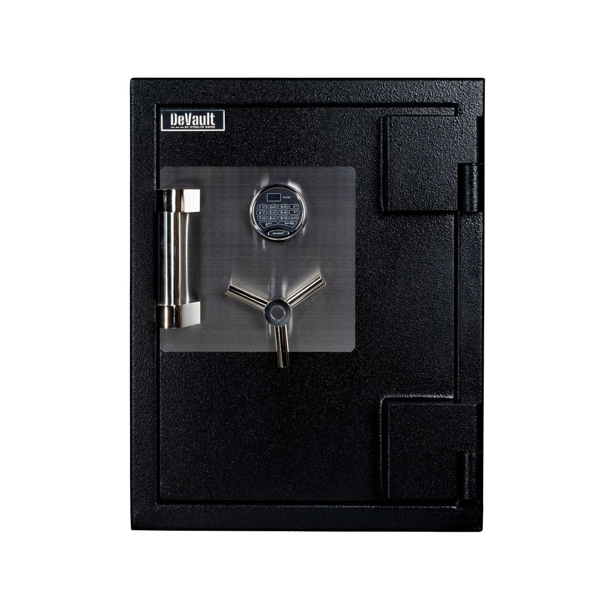 Stealth DeVault DV-2619 TL-30 high security safe closed front view with DeVault badge and chrome 3-spoke vault handle
