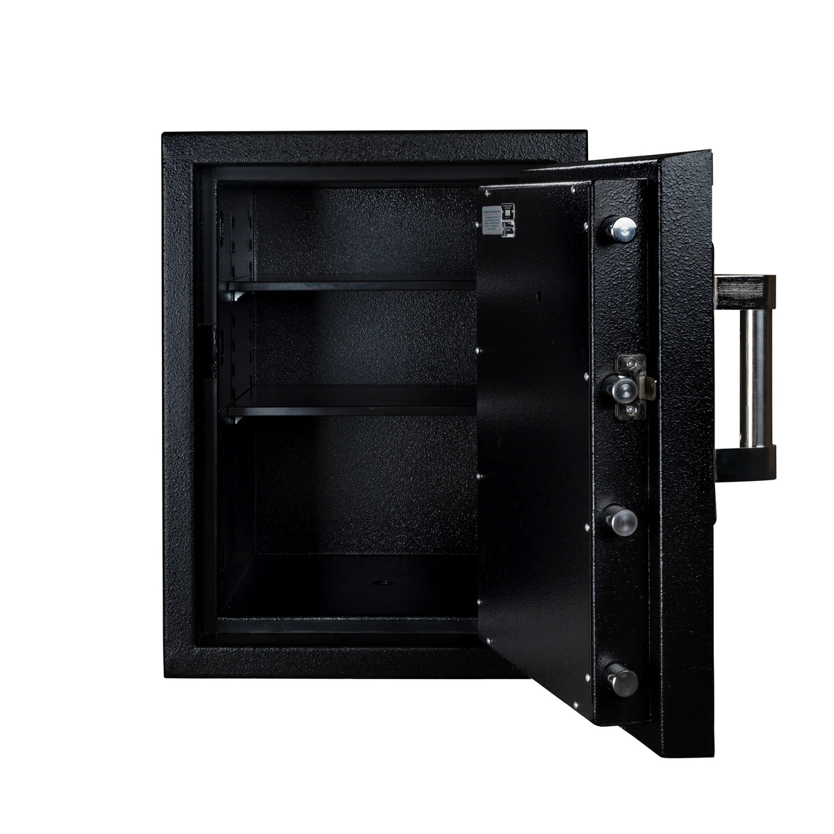 Stealth DeVault DV-2619 open front view showing the empty interior, adjustable shelf, and eight chrome door locking bolts