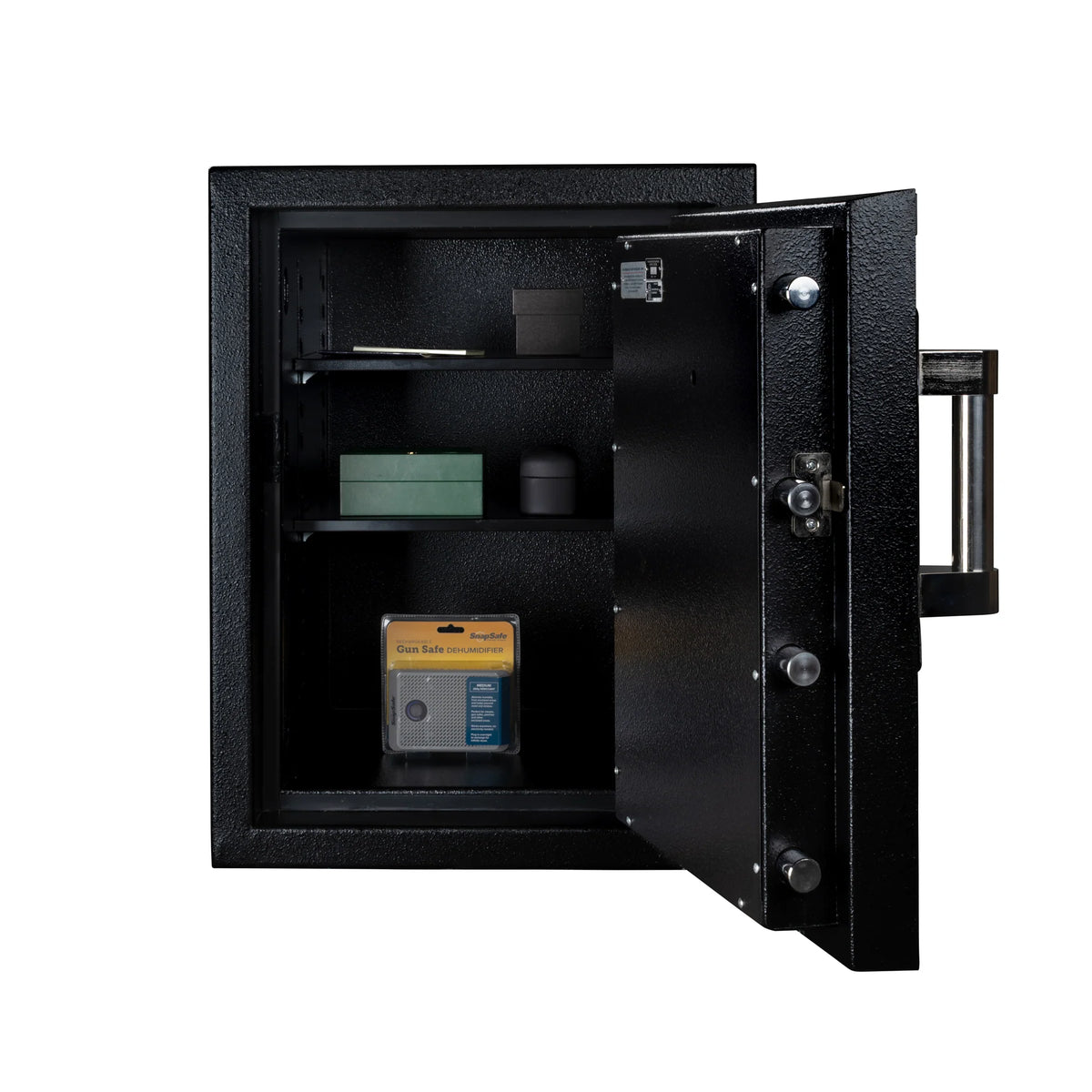 Stealth DeVault DV-2619 open front view with the interior staged showing jewelry trays, watch rolls, and document storage