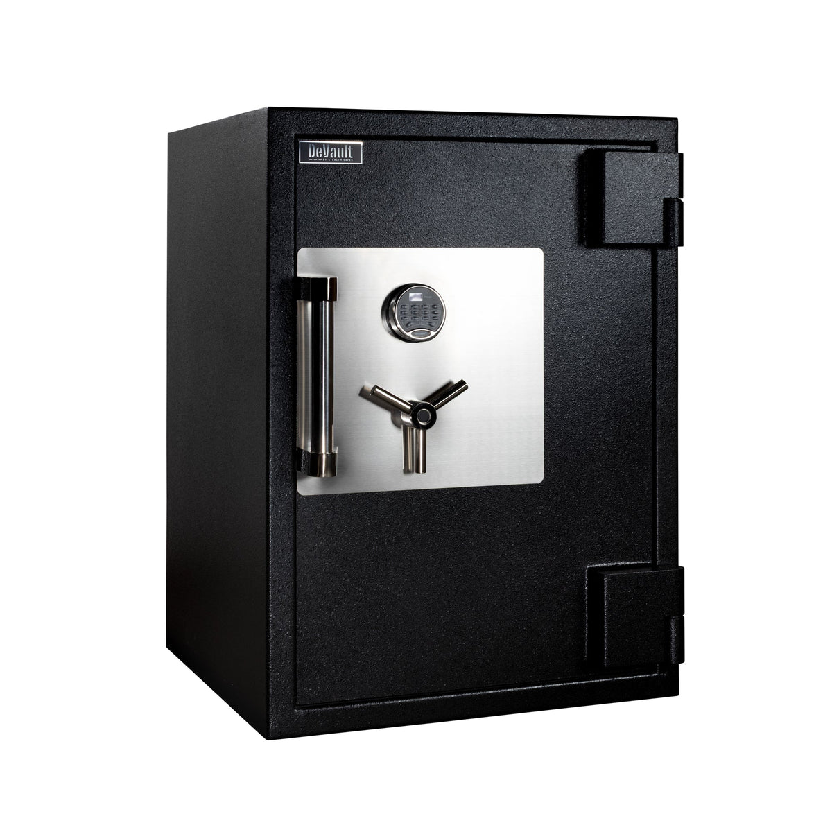 Angled view of the Stealth DeVault DV-3625 TL-30 safe in black textured finish with chrome 3-spoke handle and SecuRam electronic keypad