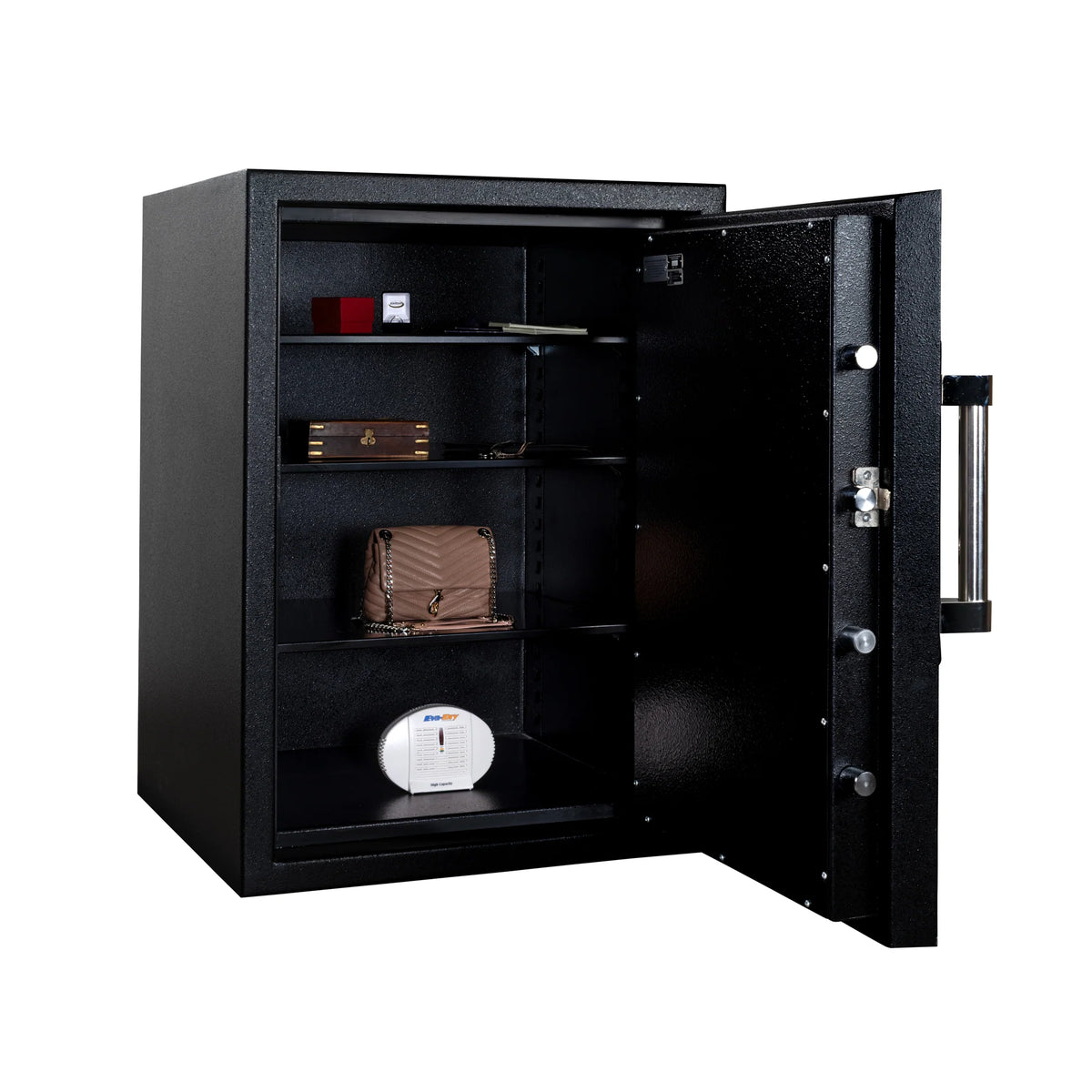 Stealth DeVault DV-3625 TL-30 safe open at an angle showing the three adjustable interior shelves staged with jewelry and valuables