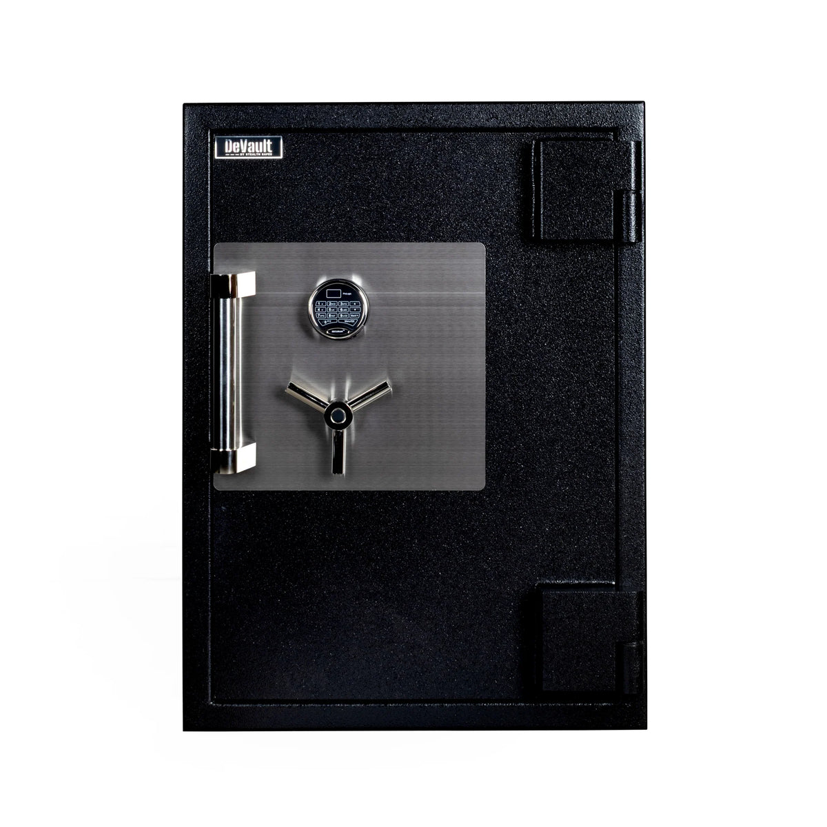 Stealth DeVault DV-3625 TL-30 high security safe closed front view with DeVault badge, chrome 3-spoke vault handle, and brushed steel escutcheon