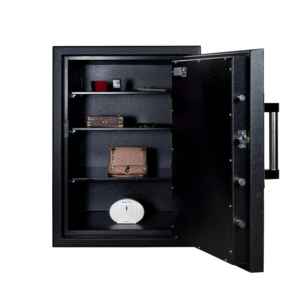 Stealth DeVault DV-3625 open front view with the three-shelf interior staged showing jewelry trays, watch rolls, and document storage
