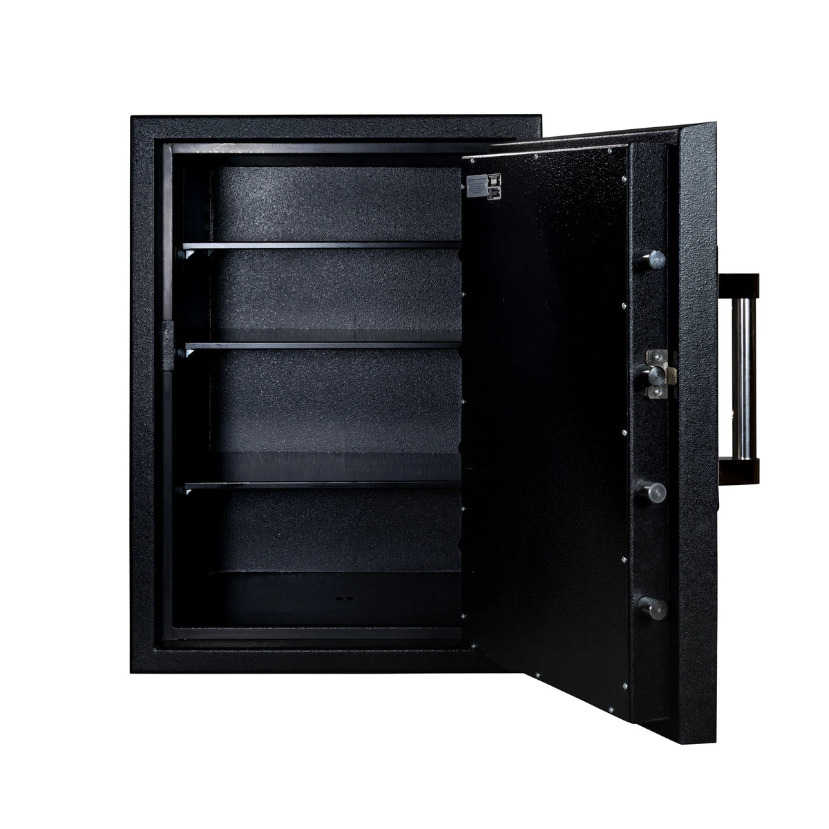Stealth DeVault DV-3625 open front view showing the empty three-shelf 10.8 cubic foot interior and eight chrome door locking bolts