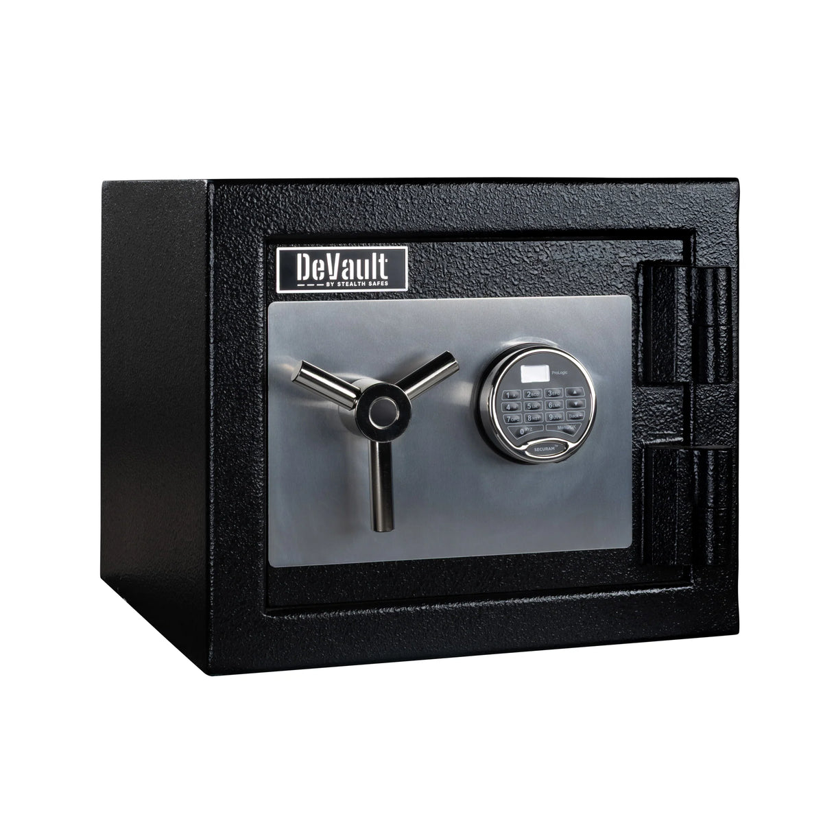 Angled view of the Stealth DeVault DV-1113 TL-30 safe in black finish with chrome 3-spoke handle and SecuRam electronic keypad