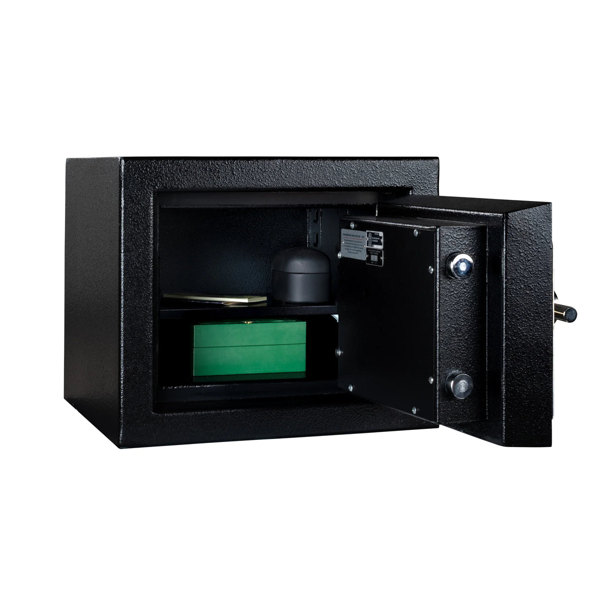 Stealth DeVault DV-1113 TL-30 safe open at an angle showing jewelry stored on the adjustable interior shelf