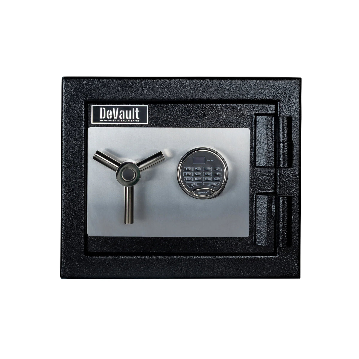 Stealth DeVault DV-1113 TL-30 high security safe closed front view with DeVault badge and chrome 3-spoke vault handle