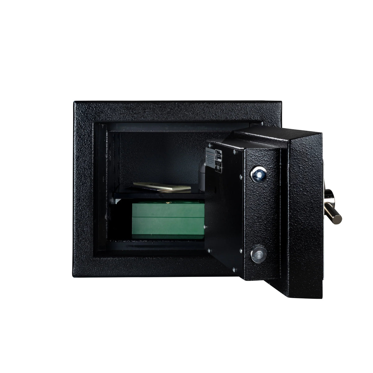 Stealth DeVault DV-1113 TL-30 safe open front view with a jewelry box inside demonstrating secure high-value storage use