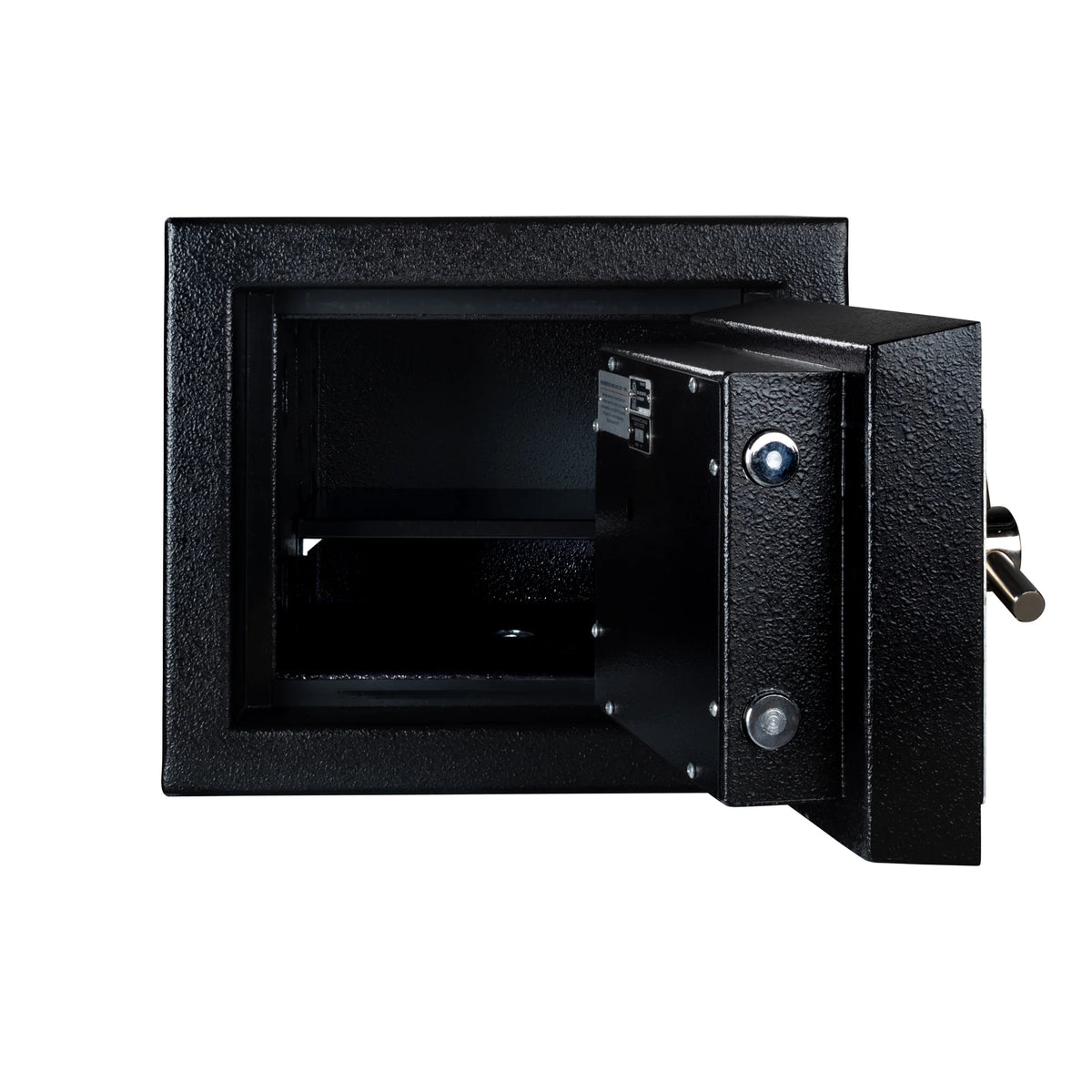 Stealth DeVault DV-1113 open front view showing the empty interior, adjustable shelf, and chrome door locking bolts