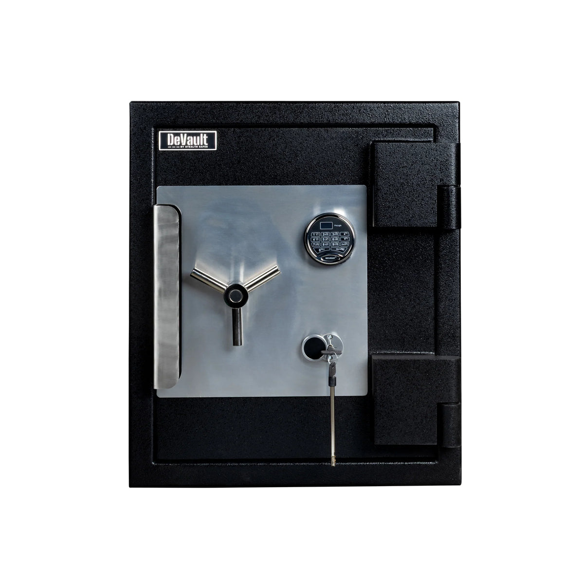 Stealth DeVault DVX-2420 TL-30X6 safe front view closed with SecuRam ProLogic keypad, keyway, and 3-spoke chrome handle