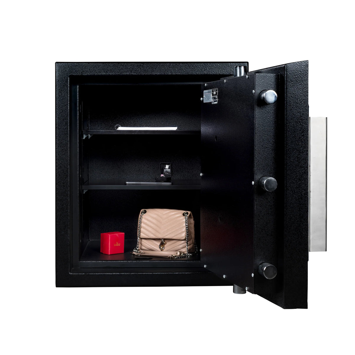 Stealth DeVault DVX-2420 TL-30X6 safe front view with door open showing shelves holding a red jewelry box and quilted handbag
