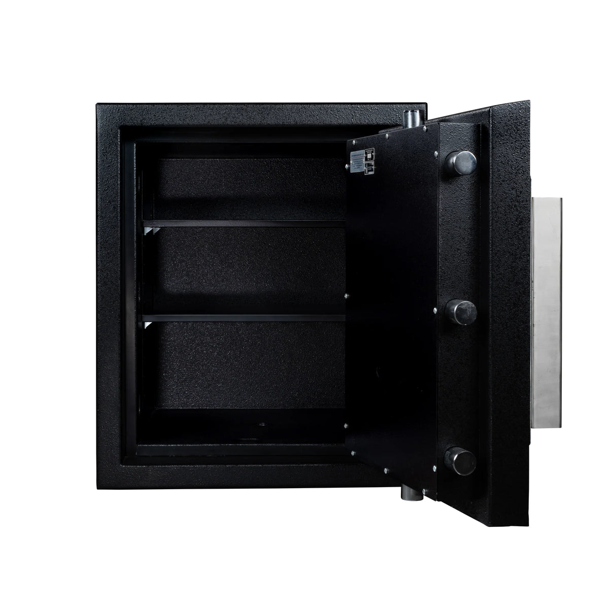 Stealth DeVault DVX-2420 TL-30X6 safe empty interior showing two adjustable black steel shelves and door locking bolts