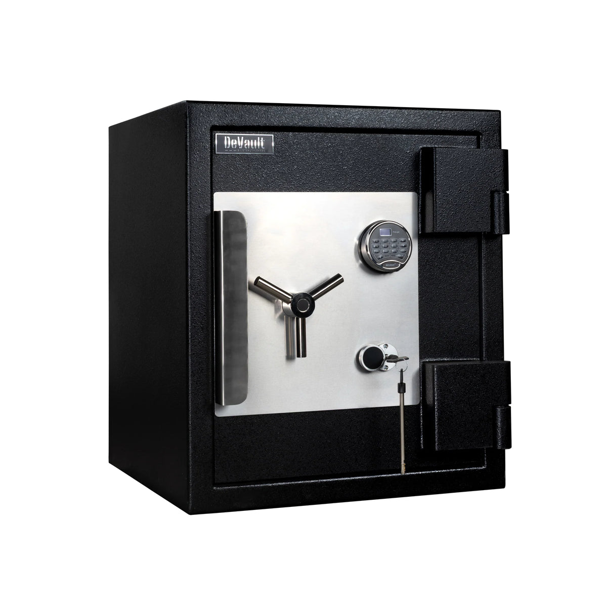 Stealth DeVault DVX-2420 TL-30X6 safe closed, angled view showing keypad and keyway for dual-control access