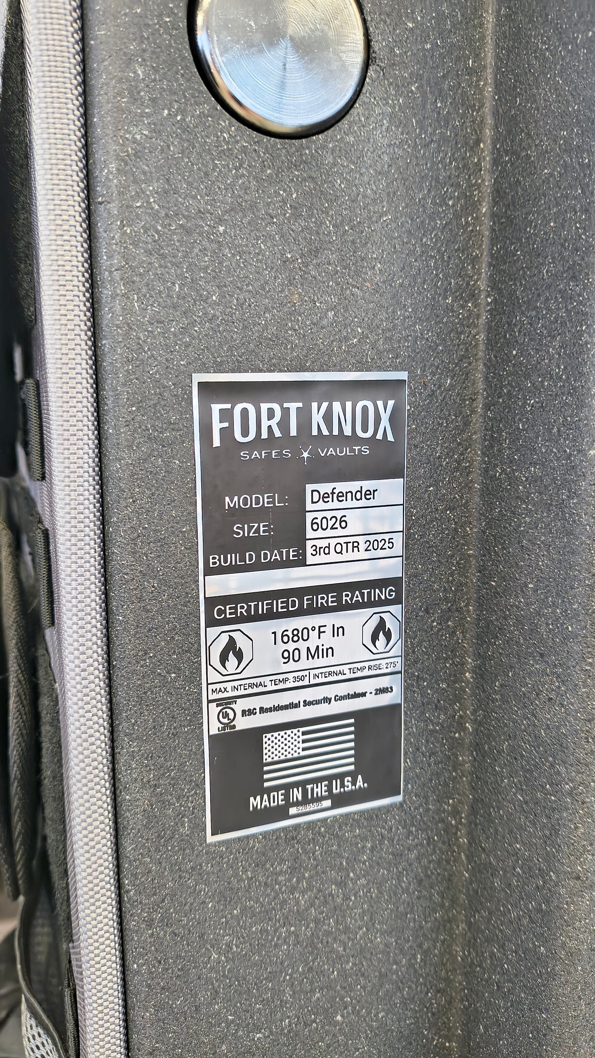 Blemished Fort Knox Defender 6026 label. 