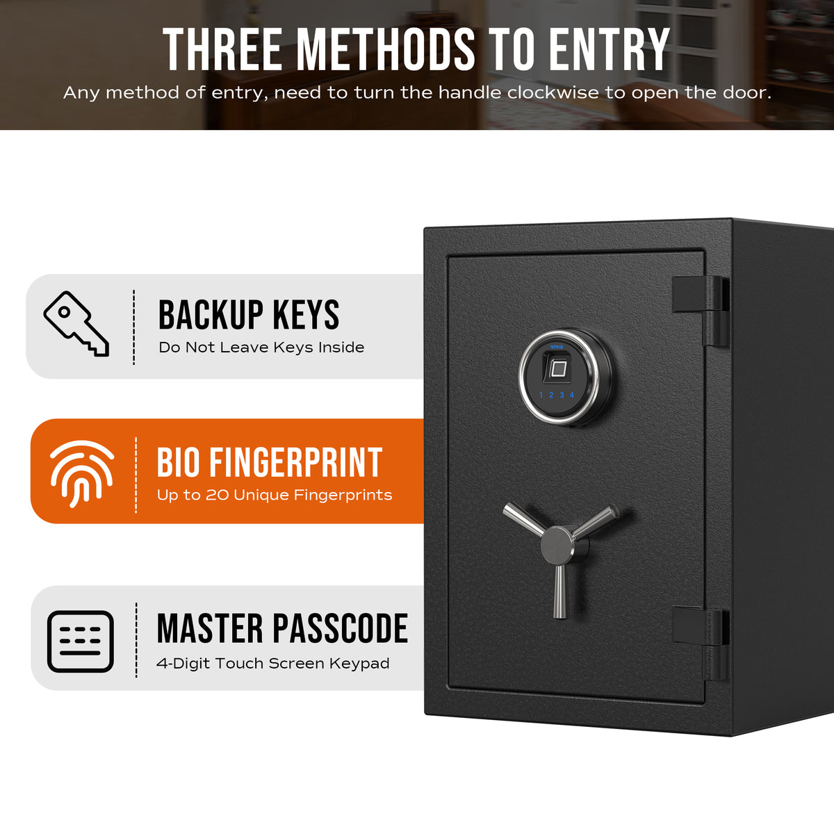 RPNB RPFS50 Deluxe Biometric Fireproof Safe with Touch Screen Keypad Three Methods To Entry