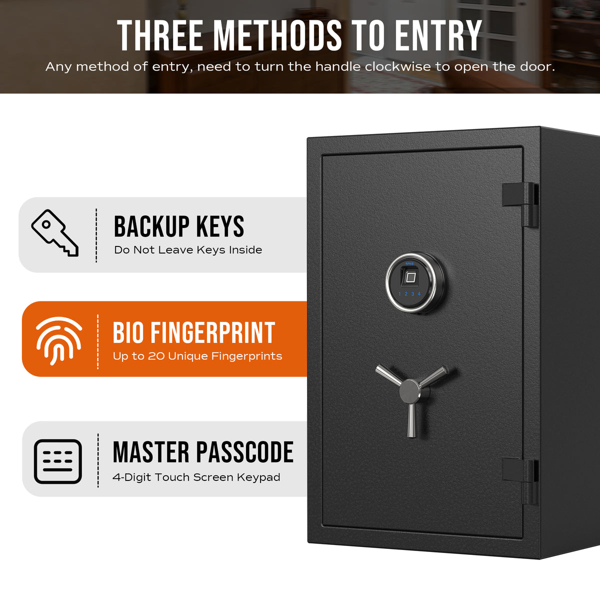 RPNB RPFS66 Large Biometric Fireproof Safe with Touch Screen Keypad Three Methods of Entry