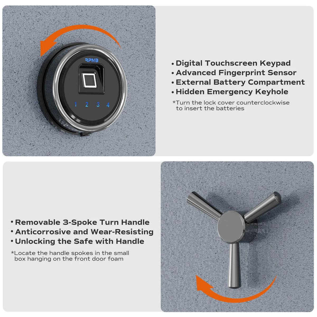 RPNB RPFS50G Grey High Capacity Biometric Fireproof Safe with Touch Screen Keypad Digital Lock &amp; Handle