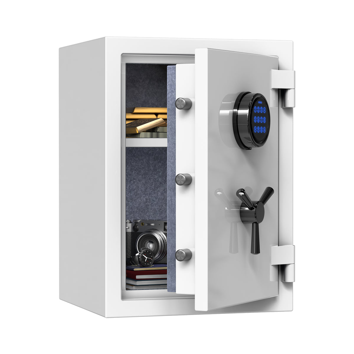 RPNB RPEFS50W fireproof safe in white, door open, showing chrome bolts, digital keypad, key override, and adjustable shelf
