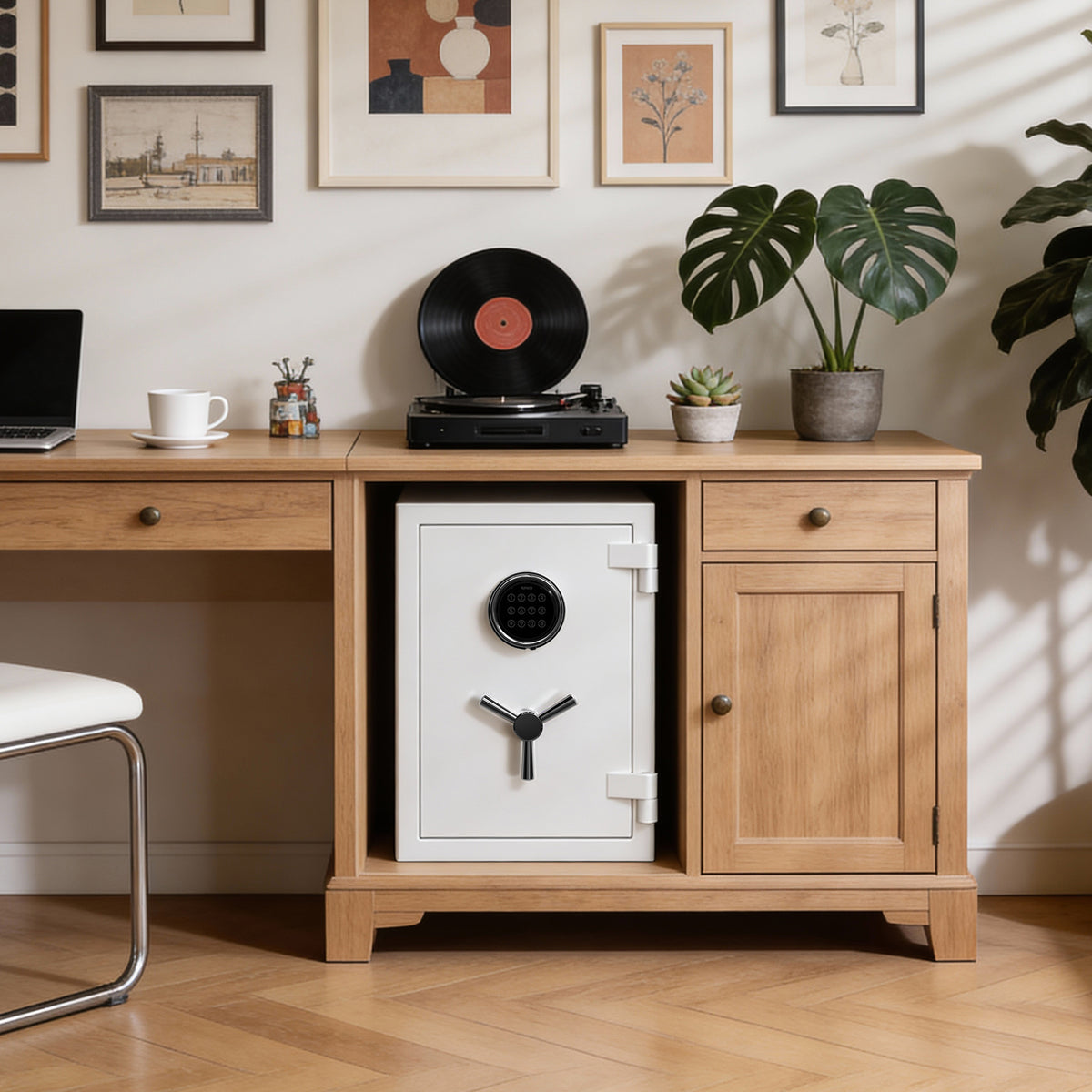 RPNB RPEFS50W white fireproof safe installed inside a wooden console cabinet with a turntable and records on top