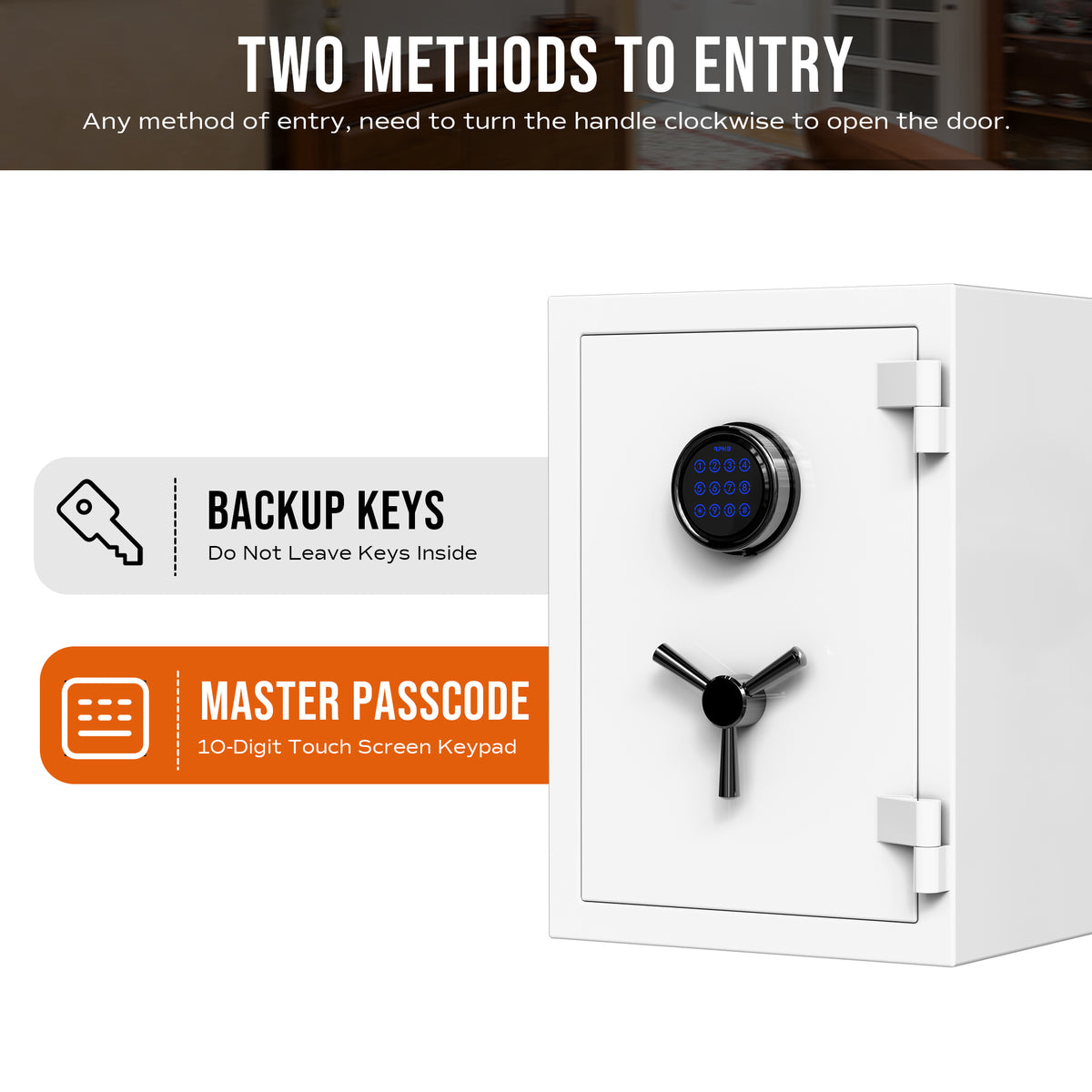RPNB RPEFS50W fireproof safe entry methods: backup keys and 10-digit backlit master passcode keypad