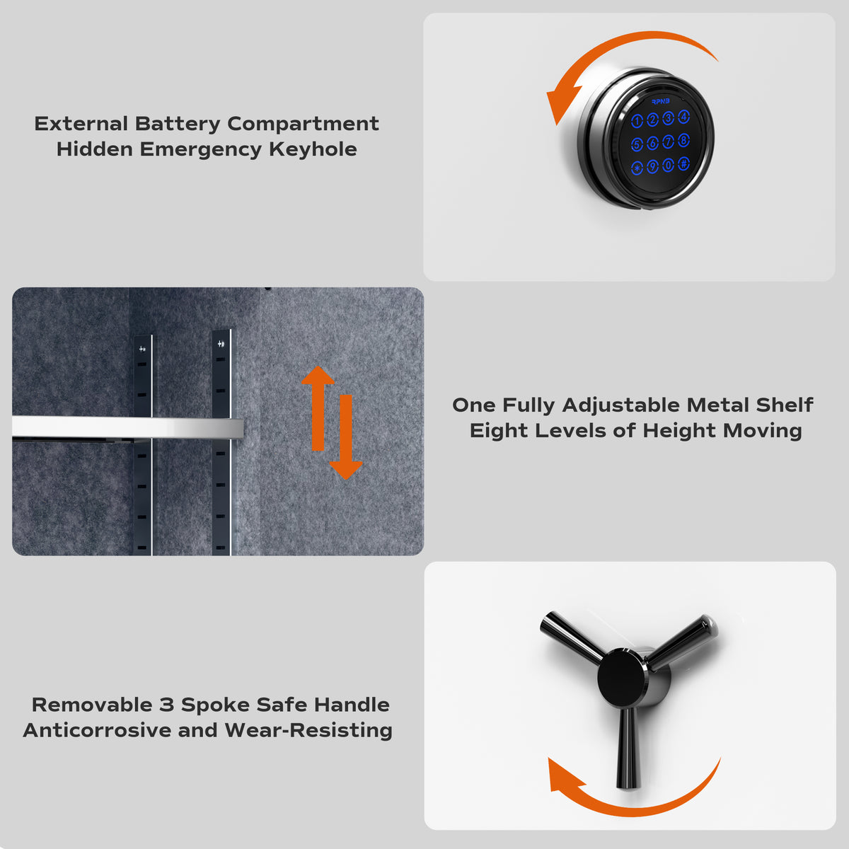 RPNB RPEFS50W fireproof safe features: external battery compartment, adjustable interior shelf, and removable 3-spoke handle