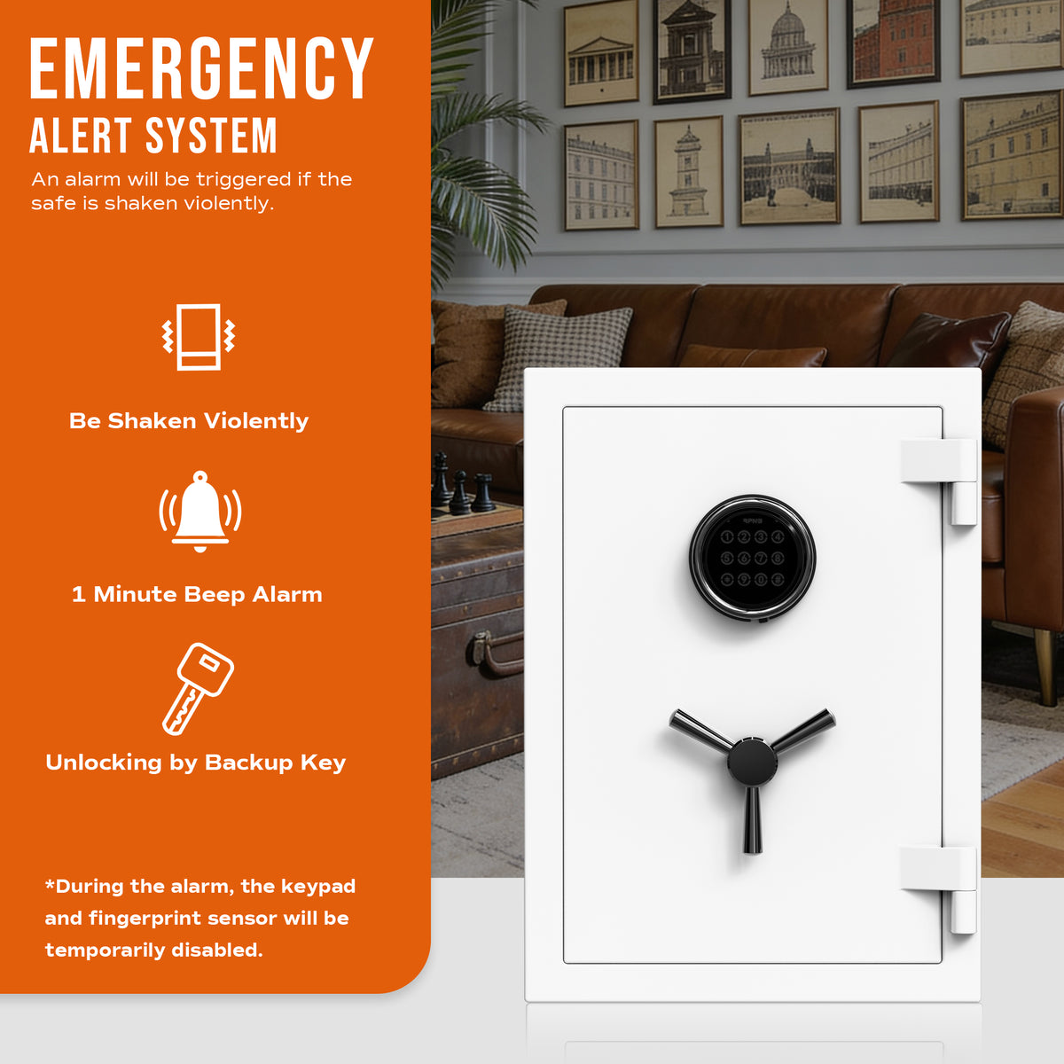 RPNB RPEFS50W fireproof safe emergency alert system: 1-minute beep alarm triggers if the safe is shaken violently