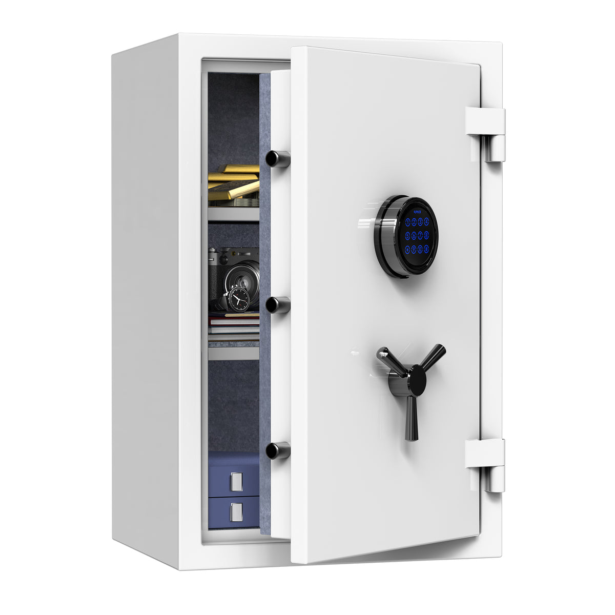 RPNB RPEFS66W fireproof safe in white, door open, showing chrome bolts, digital keypad, key override, and two adjustable shelves